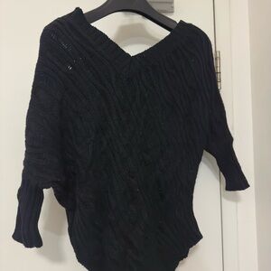 Black Women's V-Neck Cable Knit Sweater